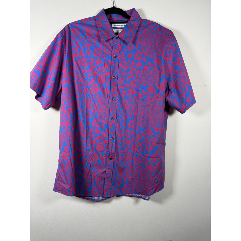 Amazon Essentials Mens XXL Blue Pink Floral Short Sleeve Button Down Cotton Top